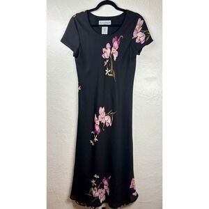 Jessica Howard Black Pink Floral Orchid Midi Dress Short Sleeve Size 12P